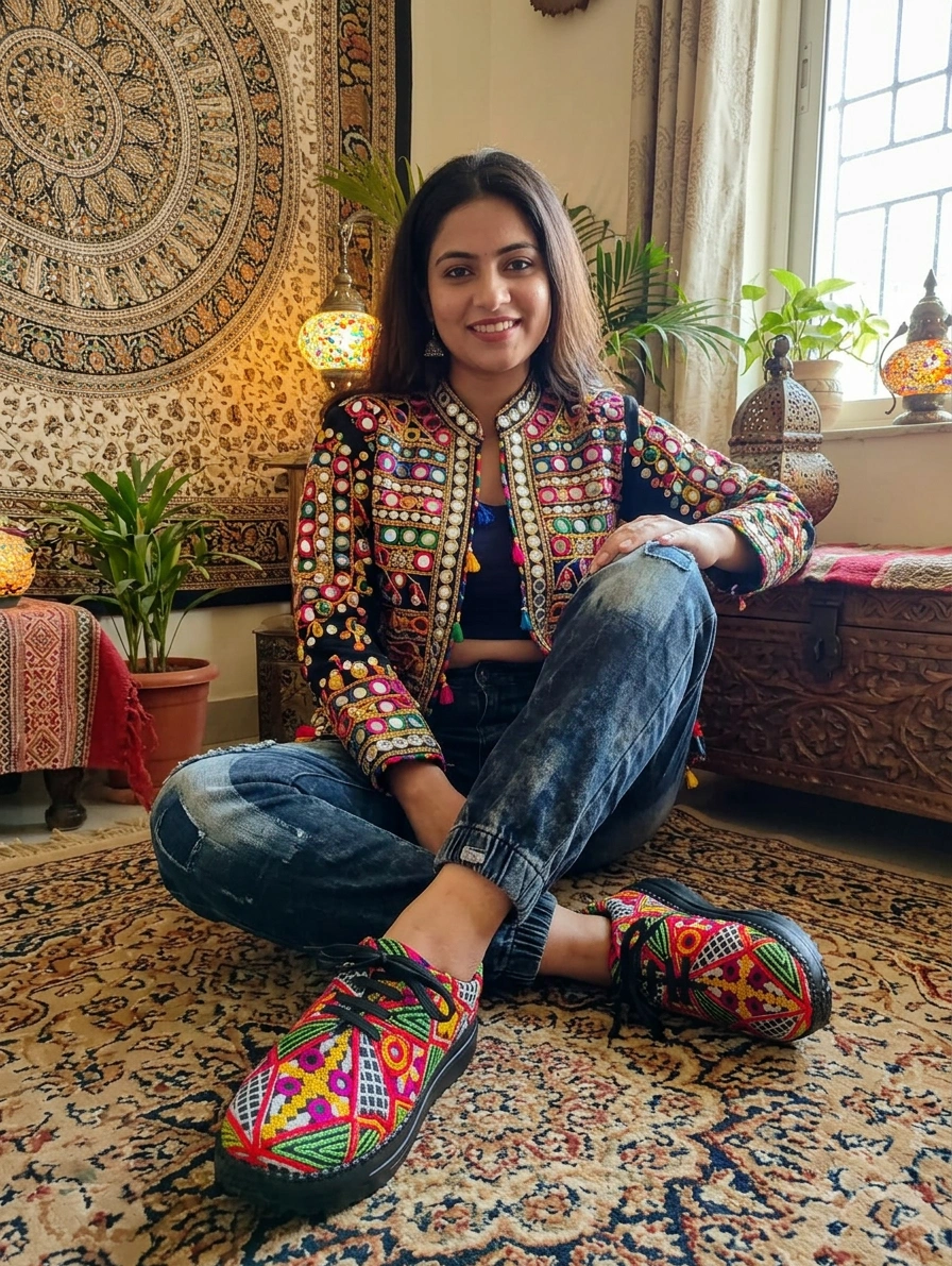Firefly_Gemini Flash_create an image with a model wearing jeans and navratri work jacket with mirror work 883675